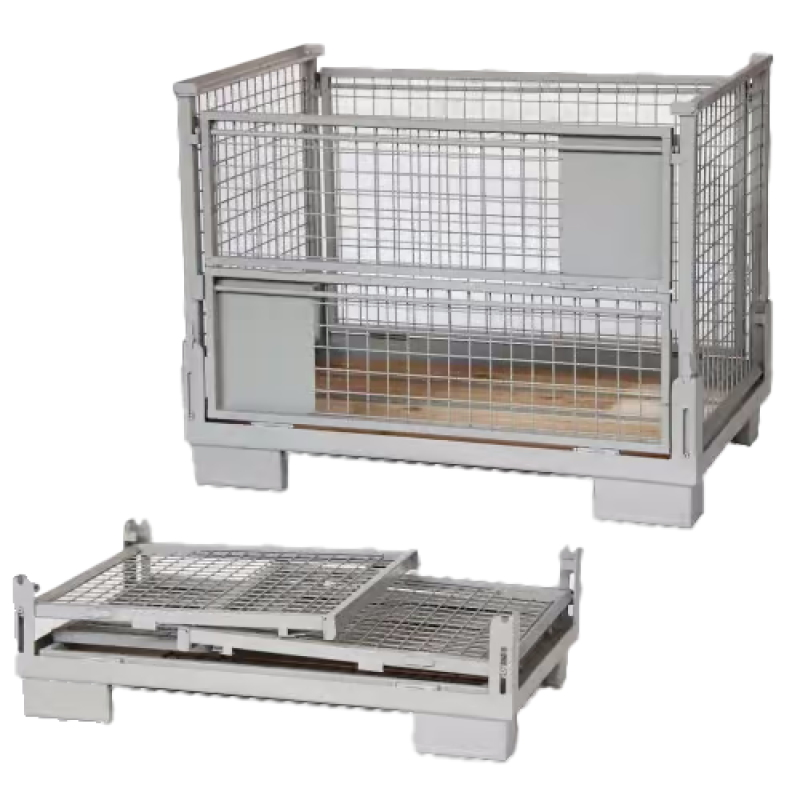 Pallet container with grid sides, collapsible, with steel floor HD